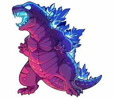 a purple and blue godzilla with its mouth open