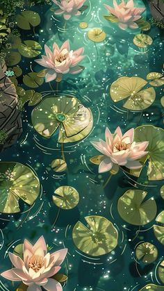 there are many water lilies floating in the pond