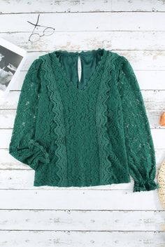 Green Floral Lace Mesh Crochet Long Sleeve Top One Piece Clothes, Crochet Long Sleeve Top, Crochet Long Sleeve Tops, Mesh Crochet, Floral Sleeve, Online Clothing Boutiques, Lace Neckline, Daily Style, Clothing Labels