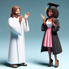 a couple of people standing next to each other wearing graduation caps and gowns with hands in the air