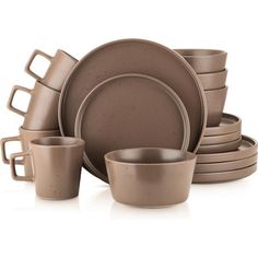 a brown dinner set with cups and saucers