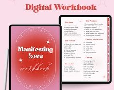 the digital workbook for manifesting love is shown in red and pink colors