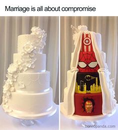 two tiered wedding cakes are decorated with white flowers and spider - man faces on them