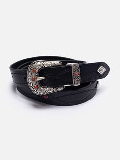 Western-style belt adorned with ornamental metal buckle, loop, and tip. Crafted from vegetable-tanned full-grain leather, the belt showcases stitched patterns, diamond-shaped metal ornaments, and faux gemstones. Jeans Store, Embellished Belt, Cotton Beanie, Watch Cap, Leather Saddle Bags, Silver Belts, Western Leather, Nudie Jeans, Wool Beanie