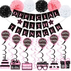 a birthday party decoration kit with pink and black decorations