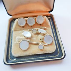 Beautiful Set- Stamped 12k Gf- Includes 2 Double Sided Cufflinks And 5 Shank Studs In Antique Box- Rare Set From Estate Antique Accessories, Antique Boxes, Cuff Links, Yellow White, Gold Filled, Cufflinks, Double Sided, Color White, Art Deco