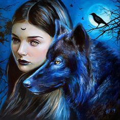 a painting of a woman and a wolf