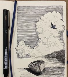 an ink drawing of a boat on the water with a bird flying over it and clouds in the sky