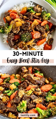 this is an easy beef stir fry with broccoli, carrots and mushrooms