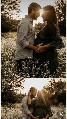 two photos of a pregnant woman and man in the grass, one is holding her belly