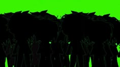 a group of people standing next to each other in front of a green screen with black silhouettes