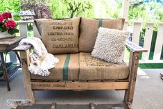 several pictures of different chairs made out of pallets and old crates with pillows on them