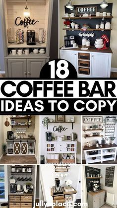 Hey coffee lovers! Have you ever dreamed of having your very own coffee bar and coffee station at home? This post will show you 18 genius coffee bar ideas to recreate at home! Coffee And Wine Bar Shelf Ideas, Coffee Bar Upcycle, Sofa Table Coffee Bar, Coffee Bar Lights, Coffee Bar With Refrigerator Ideas, Rustic Coffee Bar Decor, Coffee Bar Display Ideas, Colorful Coffee Bar Ideas, Coffee Bar Cabinet Diy