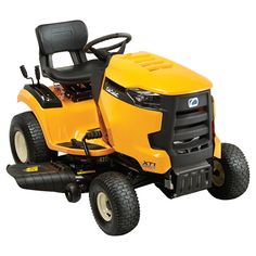 a yellow riding lawn tractor on a white background