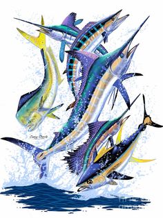 a group of fish flying through the air above water on a white background with blue and yellow colors