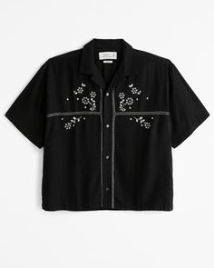 Men's Camp Collar Cropped Summer Linen-Blend Embroidered Shirt | Men's Clearance | Abercrombie.com Black And White Bandana, Embroidered Button Up Shirt, Male Features, Bandana Shirt, White Bandana, Black Button Up Shirt, Shirt Designs For Men, Mens Linen, Summer Linen