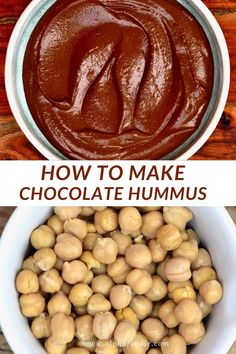 how to make chocolate hummus in a bowl and then topped with melted peanut butter