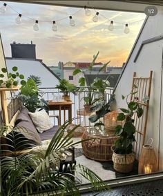 a balcony with potted plants and wicker baskets on the windowsill at sunset