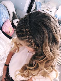 One Braid On Top Of Head, Braid Head Band Hairstyles, Two Dutch Braids With Curls, Plait Crown Half Up, Head Band Braid With Curls, Dutch Braid Crown Half Up, Braided Head Band Hairstyles, Braided Down Hairstyles Simple, Dutch Braided Half Up Half Down Hair