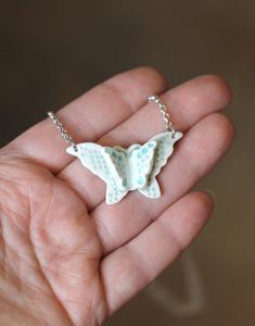 Handmade Porcelain pendant necklace Butterfly. | Etsy White Adjustable Butterfly Necklace For Gift, Handmade White Butterfly Jewelry, White Butterfly Pendant Necklace Gift, Elegant Handmade White Butterfly Necklace, White Pendant Necklace With Butterfly Charm, Porcelain Necklace, Porcelain Earrings, Pink Earrings, Blue Butterfly