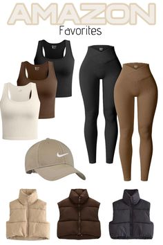 an assortment of women's clothing and accessories including hats, vests, jackets, pants