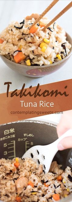 someone is spooning rice into a bowl with carrots and corn on it, along with the words tokyo tuna rice