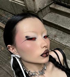 Gyutaro Makeup, Angel Goth Makeup, Goth Makeup No Lashes, White Foundation Makeup Looks, Afro Goth Makeup, Cyberpunk Eyeliner, White Inner Corner Eye Makeup, Gothic Glam Makeup, Alternative Makeup Ideas