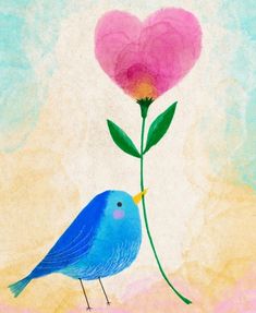 a blue bird standing next to a pink flower