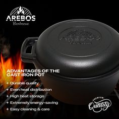 an advertisement for the arbeos cast iron pot