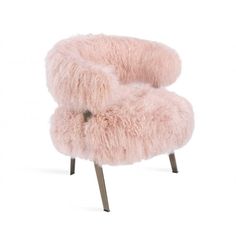 the pink chair is made out of sheepskins and has metal legs on it