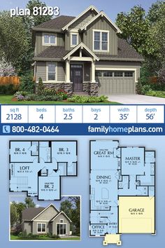 two story house plan with 3 car garage and attached living room, bedroom and bathroom