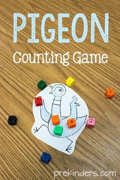 a piece of paper that says pigeonon counting game on it with legos scattered around