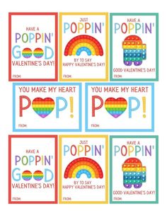 four valentine's day cards with the words popin and rainbows on them