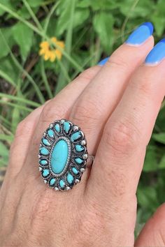 - Statement Ring- Stretch- Antique Concho Design- Oval Shape- Turquoise Stones- Silver- One Size Fits All- Elastic- Ring Size: 0.8" x 1.2" - Lead & Nickel Compliant Nashville Outfit, Elastic Rings, Nashville Outfits, Turquoise Stones, Western Jewelry, Turquoise Rings, Pearl Ring, Turquoise Stone, Statement Ring