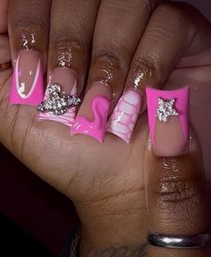 Duck Nails Short Pink, Short Pink Freestyle Nails, Birthday Nails Red And White, Airbrush Duck Nails, Pink And White Duck Nails, Hot Pink Duck Nails, Short Pink Duck Nails, Freestyle Duck Nails, Duck Nails Ideas