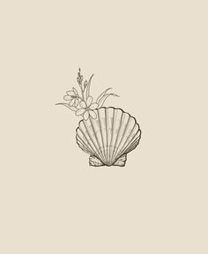 a drawing of a shell with flowers in it