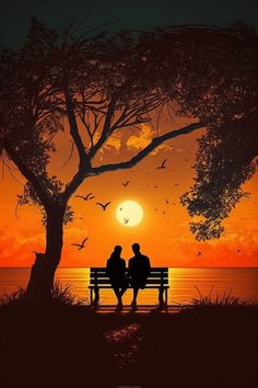 two people sitting on a bench in front of a tree with the sun setting behind them