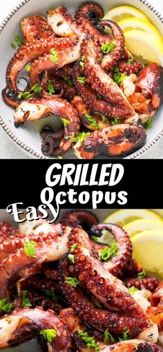 grilled octopus is served with lemon wedges and parsley in a white bowl