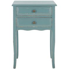 a small blue table with two drawers on one side and an open drawer on the other