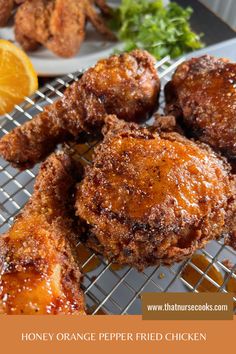 Fried chicken with honey orange pepper sauce drizzled on top Honey Jerk Salmon, Jerk Salmon, Good Fried Chicken, Orange Pepper, Pepper Seasoning, Fried Chicken Recipe, Orange Peppers, Chicken Meals, Fried Chicken Recipes