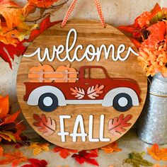 Welcome Fall with our Charming Truck Door Sign!  Embrace the autumn season with this delightful 14-inch Welcome Fall truck door sign!  It's the perfect addition to your front door, greeting your guests with warmth and seasonal cheer. Handcrafted with love to add a rustic touch to your home decor. Painted in vibrant fall colors, capturing the essence of the season. Please note that due to the handmade nature of this product, slight variations in wood grain and color may occur, making your "Welcome Fall Truck" Door Sign a unique piece that is truly one-of-a-kind. Embrace these natural variations as they add to the rustic charm and individuality of your sign. Like all door wreaths, this is best placed under an overhang to protect from the elements. PM me if you would like a different size or Black Truck Fall Door Hanger Wooden, Red Truck Door Sign Thanksgiving, Wooden Door Hangers Farm Truck, Pumpkin Truck, Harvest Decorations, Welcome Fall, Fall Ideas, Autumn Season, Door Sign