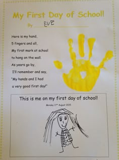 a child's handprint is displayed on the back of a school bulletin board