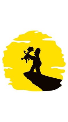 the silhouette of a person on a surfboard holding a flower in front of an orange and yellow background