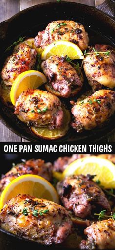 two pictures of chicken and lemons in a skillet