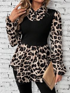 Sleeve Type:Bishop Sleeve \nDetails:Button \nStyle:Casual \nNeckline:Collar \nHem Shaped:Flared \nDetails:Ruffle Hem \nColor:Multicolor \nPattern Type:Colorblock \nPattern Type:Leopard Print \nPattern Type:Textured Pattern \nSleeve Length:Long Sleeve \nLength:Regular \nFit Type:Regular Fit \nFabric:Slight Stretch \nMaterial:Knitted Fabric \nComposition:95% Polyester \nComposition:5% Elastane \nCare Instructions:Machine wash or professional dry clean \nSheer:No \n Bubble Sleeve, Woman Standing, Spring Tops, Lantern Sleeve, Lantern Sleeves, Fashion Online Shop, Stand Collar, Long Sleeve Top, All Fashion