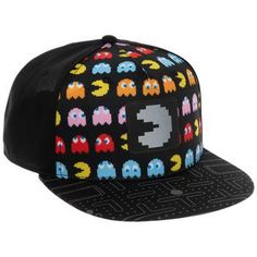 Size: Youth One Size Fits Most Material: Fabric Color: Black, Orange, Red & Pink Quantity: 1 Stay trendy and stylish with this Pac-Man Hat. This hat features a black background with Pac-Man running around Blinky, Pinky, Inky, and Clyde. There is a patch stitched onto the front with a metallic silver Pac-Man on it. The brim is accented with a gray maze filled with small pellets and a power pellet in the middle. Show off your love for the classics with this hat! Casual Multicolor Fitted Hat With Flat Brim, Trendy Winter Snapback Hat For Streetwear, Trendy Black Flat Brim Baseball Cap, Trendy Black Snapback Trucker Hat, Retro Black Fitted Cap, Trendy Black Snapback Hat With Curved Brim, Black Brimmed Trucker Hat For Spring, Fun Black Snapback Hat With Flat Brim, Retro Black Snapback Fitted Hat