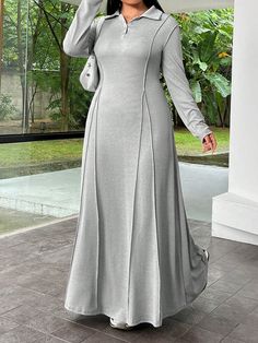 Plus Size Solid Color Long Sleeve Dress Light Grey Casual  Long Sleeve Knitted Fabric Plain A Line,Tee High Stretch  Women Plus Clothing, size features are:Bust: ,Length: ,Sleeve Length: Gray Long Sleeve Maxi Dress For Party, Abaya Mode, Hijab Stile, Muslim Women Clothing, Long Sleeve Dresses Fall, Estilo Hijab, Stile Hijab, Fashion Top Outfits, Mode Abaya