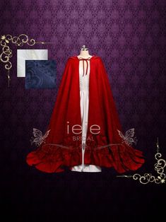 This fantasy fairy tale styled red hooded cloak cape with ruffles at the edge is absolutely gorgeous! It will makes a strikingly beautiful contrast to your wedding dress! Perfect with any wedding dress, formal gown, or any special occasion. ITEM INFO ---------------- ✧SKU: Y170903C ✧Length: Approx 76 inches ✧Color Options: Red or Ivory (other color in plain fabric possible) ✧Turn around time: 24-48 hours if in stock, 4-8 weeks if made to order. STANDARD SIZE CHART ------------------------------- Red Fantasy Style Wedding Dress, Red Fantasy Wedding Dress, Winter Wedding Cape, Red Cloak, Hooded Cloak, Standard Dress, Plain Fabric, Fantasy Fairy, Formal Gown