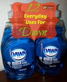 two bottles of dawn dishwash sitting on top of a table with the words, 12 everyday uses for dawn