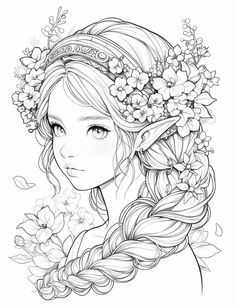 a drawing of a girl with flowers in her hair